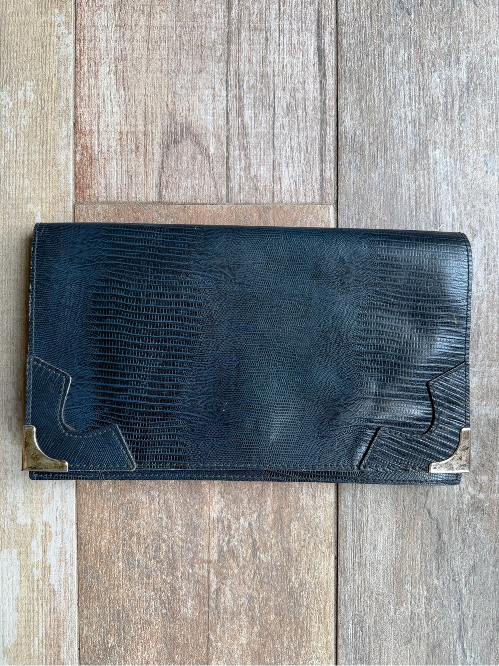 Vintage Western Navy Suede-Lined Navy Lizard-Embossed Leather Clutch Purse